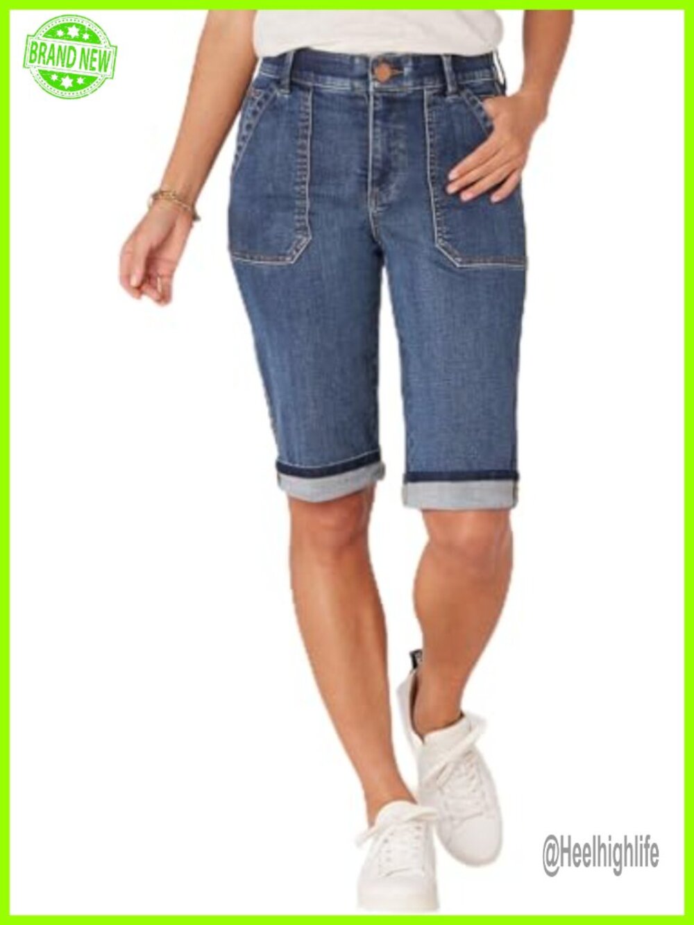 Democracy Utility Bermuda Denim Shorts Mid Rise Roll Cuff Ab Solution Technology